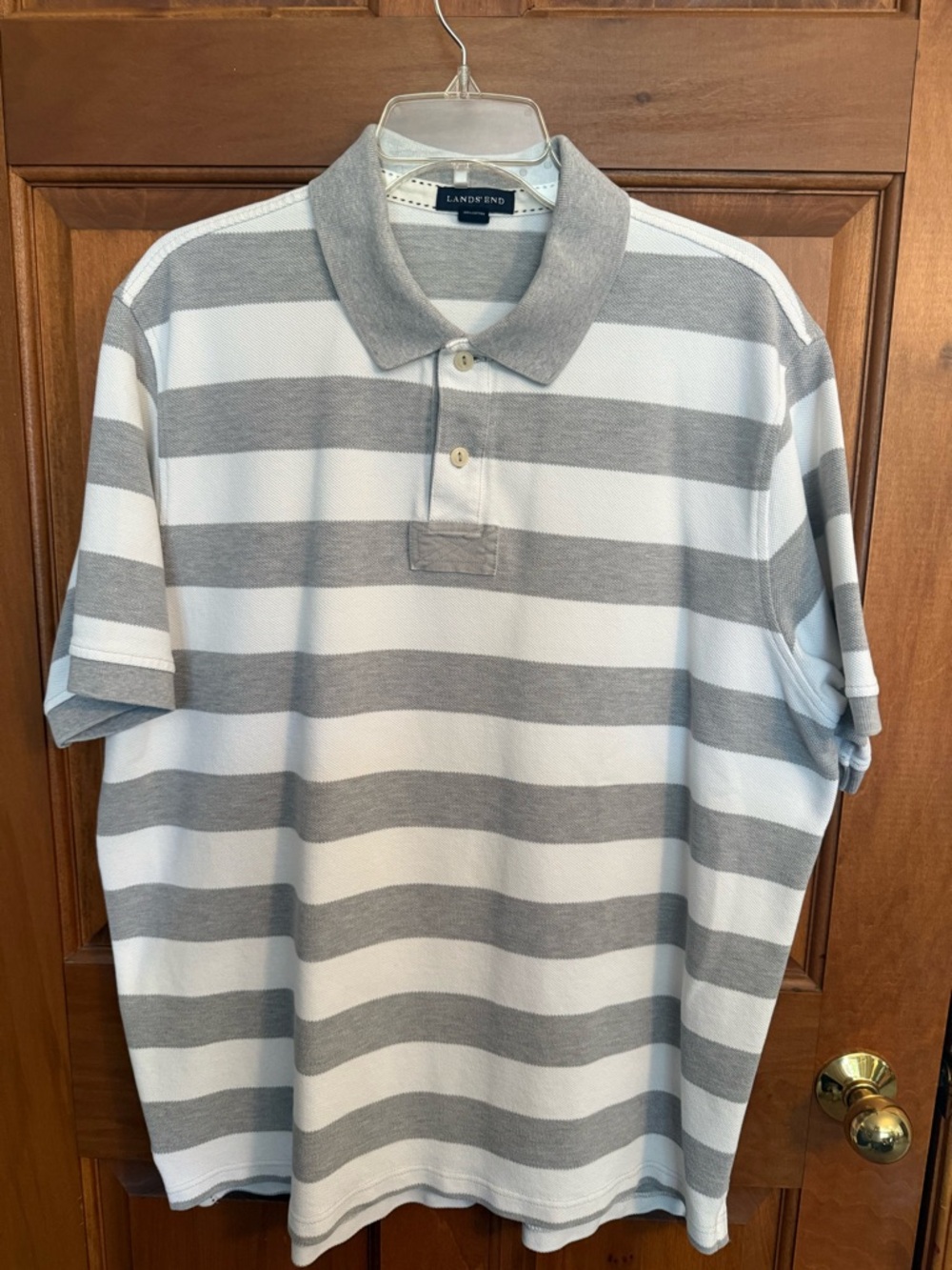 Lands' End Men's Gray & White Striped Polo Shirt